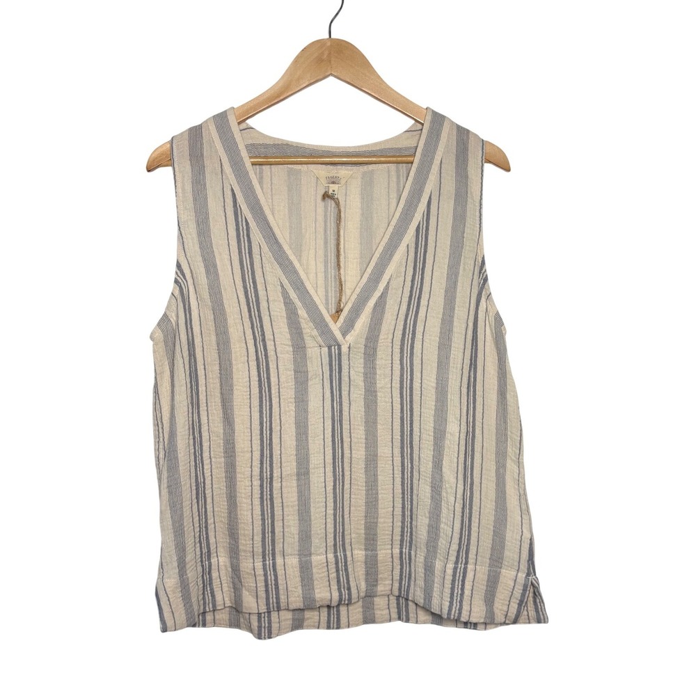Faherty Dune Cotton Gauze Top Aqua Sea Stripe V-Neck Sleeveless Medium